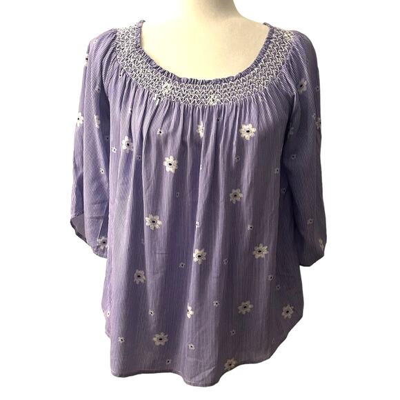 Hem & Thread Blue White Strip Boho Top Blouse Daisies Smocking M - Picture 1 of 6